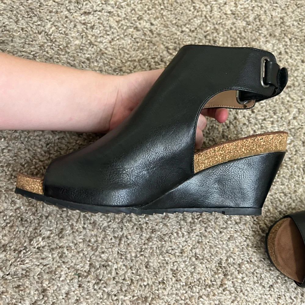 Boutique by Corkys Calypso Black Cork Wedge Heel Size 10 Women's Ankle Velcro